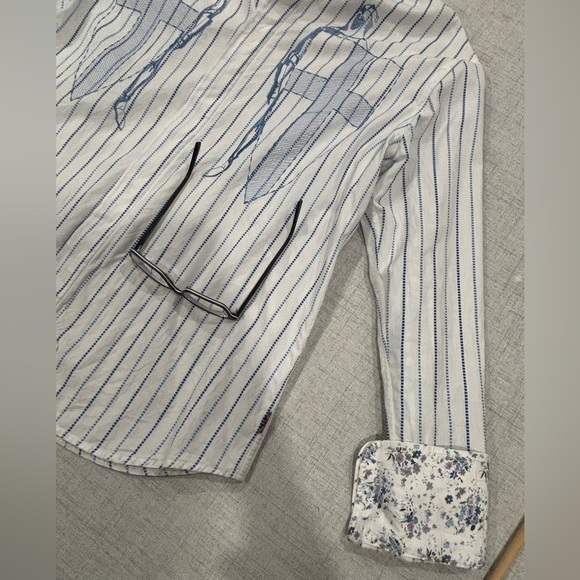 ENGLISH LAUNDRY long sleeve blue white stripe floral KNIGHTS SHIELD shirt. Large - Picture 11 of 16